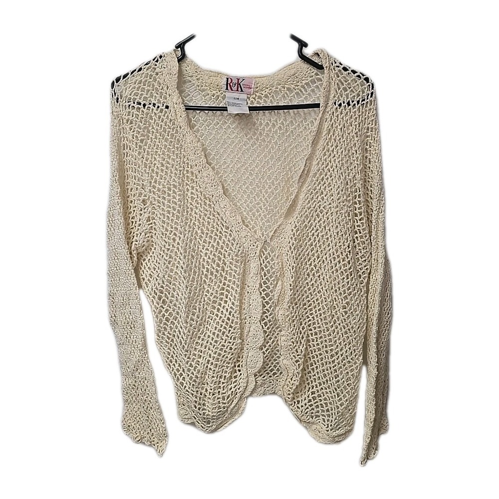 VTG R&K Originals Crochet Knit Cardigan 22W Cream Ramie Cotton Y2K 90s Boho Plus
